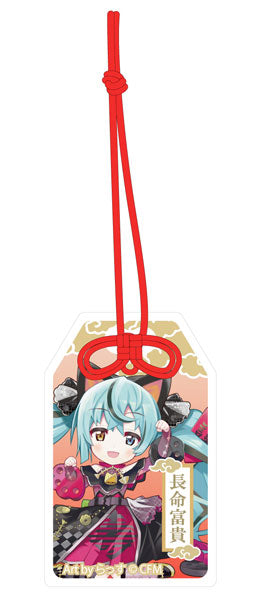 ｢初音ミク×招き猫｣ ご利益別御守風アクリルキーホルダー Art by らっす 黒猫 座り左手あげ[KADOKAWA][GOODS][新作]